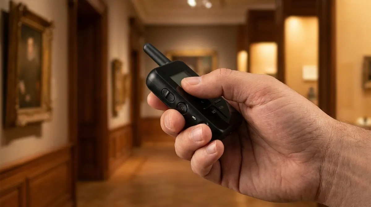 Close-up of a hand naturally gripping a compact matte-finish wireless tour guide receiver showcasing its ergonomic rounded form and tactile volume control Close-up of a hand naturally gripping a compact matte-finish wireless tour guide receiver showcasing its ergonomic rounded form and tactile volume control